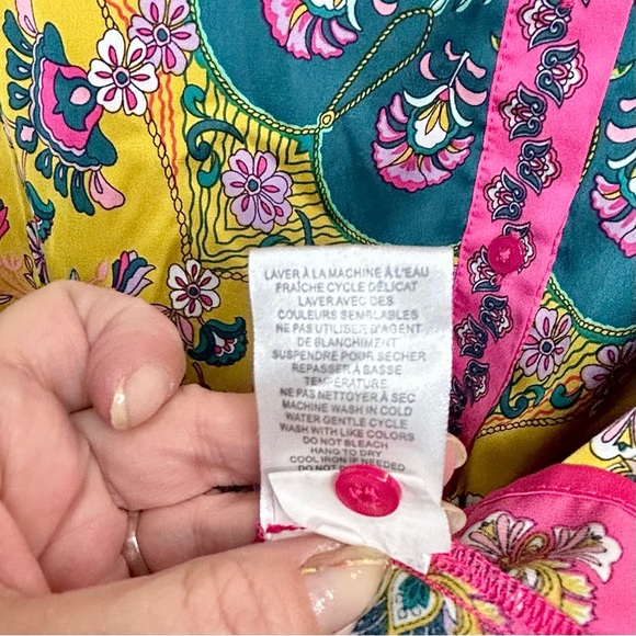 Rachel Zoe Boho Button Down Shirt Mustard Yellow & Fuchsia Collared Print Top XS - Picture 13 of 14